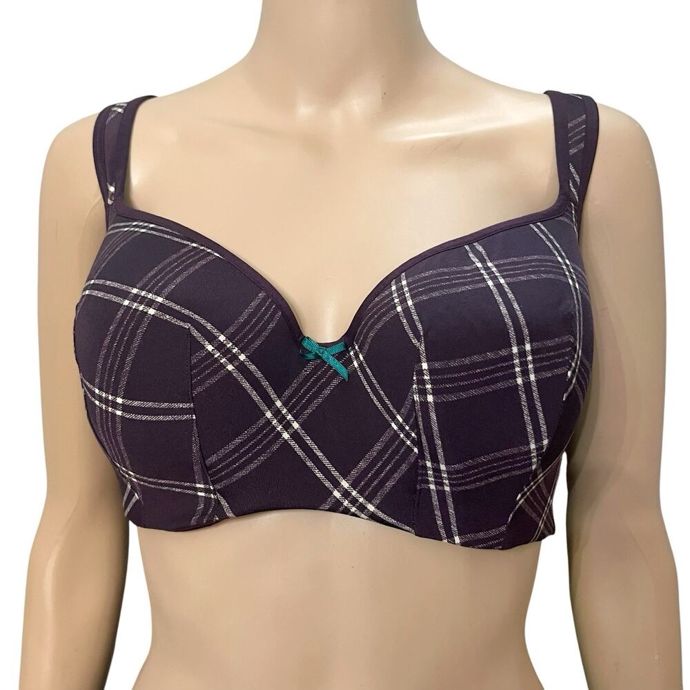 Cacique Smooth Balconette Bra 42C Plaid Dark Purple Underwired Molded